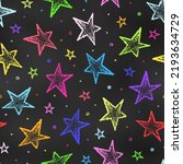 Seamless Pattern of Chalk Drawn Sketches Colorful Stars on Chalkboard Backdrop. Stylized Grunge Endless Motif. Continuous Background of Realistic Crayon Drawing Starry Sky on Blackboard.