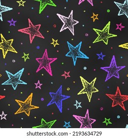 Seamless Pattern of Chalk Drawn Sketches Colorful Stars on Chalkboard Backdrop. Stylized Grunge Endless Motif. Continuous Background of Realistic Crayon Drawing Starry Sky on Blackboard.