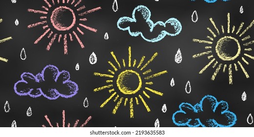 Seamless Pattern of Chalk Drawn Sketches Suns and Clouds on Chalkboard Backdrop. Textural Stylized Grunge Endless Motif. Continuous Background of Realistic Crayon-Drawn Sky on Blackboard.