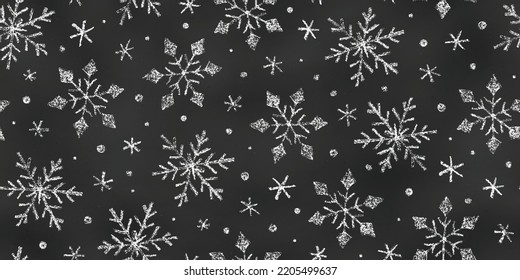 Seamless Pattern of Chalk Drawn Sketches Snowflakes on Chalkboard Backdrop. Stylized Grunge Endless Motif. Continuous Background of Realistic Crayon-Drawn Snowy Blackboard.