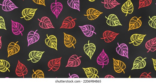 Seamless Pattern of Chalk Drawn Sketches Autumn Leaves on Chalkboard Backdrop. Stylized Grunge Endless Motif. Continuous Background of Realistic Crayon-Drawn Foliage on Blackboard.