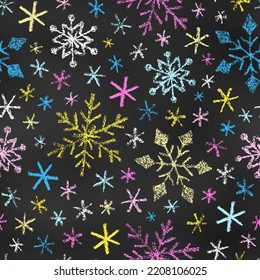 Seamless Pattern of Chalk Drawn Sketches Blue, Pink, Yellow, White Snowflakes on Chalkboard Backdrop. Stylized Endless Motif. Continuous Background of Realistic Crayon-Drawn Snowfall on Blackboard.