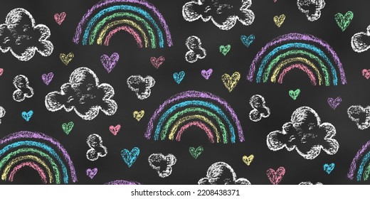 Seamless Pattern of Chalk Drawn Sketches Rainbows, Clouds, Hearts on Chalkboard Backdrop. Stylized Grunge Endless Motif. Continuous Background of Realistic Crayon-Drawn Objects of Sky on Blackboard.