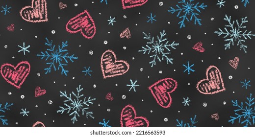 Seamless Pattern of Chalk Drawn Sketches Blue Snowflakes and Red Hearts on Black Blackboard. Stylized Grunge Motif. Continuous Background of Realistic Crayon-Drawn Simple Symbols on Blackboard.