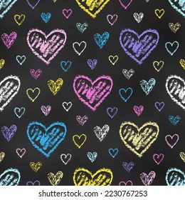 Seamless Pattern of Chalk Drawn Sketches Tender  Hearts on Chalkboard Backdrop. Stylized Romantic Endless Motif. Continuous Background of Realistic Crayon-Drawn Hearts on Blackboard.