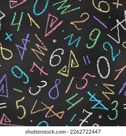 Seamless Pattern of Chalk Drawn Sketches Numbers and Scribbles on Chalkboard Backdrop. Continuous Background of Realistic Crayon-Drawn School Symbols on Blackboard.