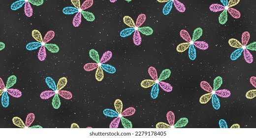 Seamless Pattern of Chalk Drawn Sketches Colorful Cartoon Coloring Flowers on Chalkboard Backdrop. Continuous Background of Realistic Crayon-Drawn Flowers on Dark Blackboard.