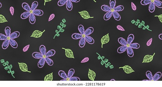 Seamless Pattern of Chalk Drawn Sketches Violet Flowers on Chalkboard Backdrop. Continuous Background of Realistic Crayon-Drawn Flowers and Leaves on Dark Blackboard.