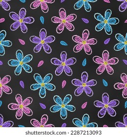 Seamless Pattern of Chalk Drawn Sketches Blue, Pink and Violet Flowers on Dark Blackboard. Spring Continuous Background of Crayon-Drawn Flowers on Chalkboard.