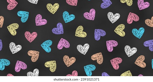 Seamless Pattern of Chalk Drawn Sketches Red, Pink, Violet, Orange, Yellow, White and Blue Hearts on Chalkboard Backdrop. Continuous Background of Realistic Crayon-Drawn Shapes on Dark Blackboard.