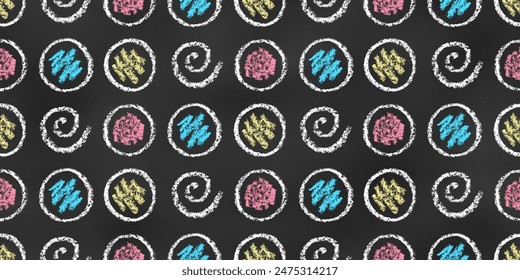 Seamless Pattern of Chalk Drawn Sketches White Circles with Blue, Red, Yellow Scrawls on Dark Blackboard. Symmetrical Print. Continuous Background of Crayon-Drawn Figures on Chalkboard Backdrop.