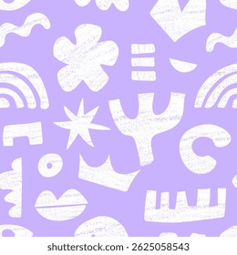 Seamless pattern with chalk  drawn various shapes. Abstract background with funky geometric objects in a naive style. Great for textile, fabric, wallpaper, wrapping, scrapbook and packaging	