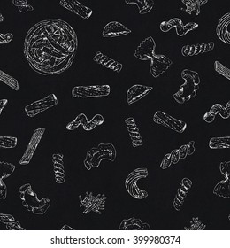 Seamless pattern with chalk pasta variations on blackboard background
