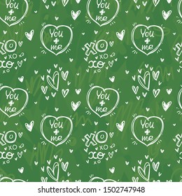 Seamless pattern with chalk style Love, heart, dating doodles on green board back. Hand drawn sketch illustration for background, texture, tile, fabric