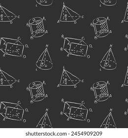 Seamless pattern of chalk various geometric shapes. Hand drawn white chalked triangle, tetrahedron, square, parallelepiped, cones and cylinder are drawn on black school chalkboard background