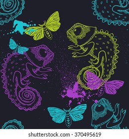 seamless pattern with chameleon and butterfly