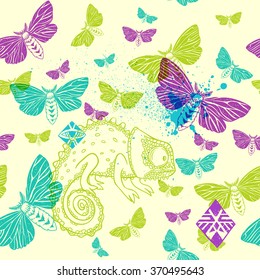 seamless pattern with chameleon and butterfly