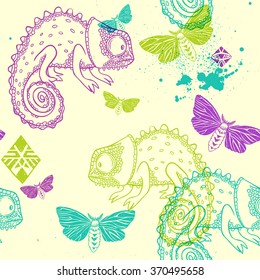 seamless pattern with chameleon and butterfly