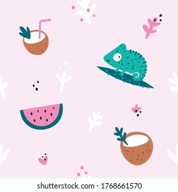 Seamless pattern with chameleon, coconut, watermelon. Summer print with exotic animal and cartoon jungle plants. Isolated on pastel background 
