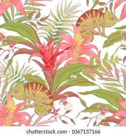 Seamless pattern with Chameleon, colorful leaves, plant Bromelia Guzmania, Orchid. Vector illustration in vintage style on white background.
