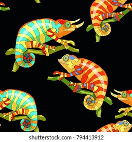seamless pattern the chameleon couple exotic reptile  vector illustration