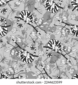  Patrón sin foco de camaleón, libélula, flores y hojas. Ilustración de material vectorial eps10.