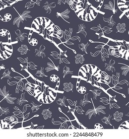  Nahtlose Muster von Chamäleon, Libellen, Blumen und Blättern. Vektorgrafik eps10.
