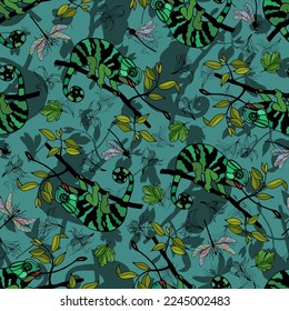  Seamless pattern of chameleon, dragonfly, flowers and leaves. Vector stock illustration eps10.