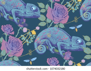 Seamless pattern of chameleon and flowers