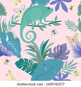 Seamless pattern with chameleon, insects and plants. Editable Vector illustration