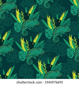 Seamless pattern with chameleon and leaves. Background for textile, fabric, wrapping paper, clothes, socks, web, girls and boys.