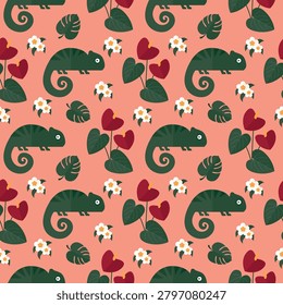 seamless pattern chameleon lizard animal anthurium jungle on pink background vector wallpaper textile giftwrap fabric
