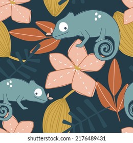 Seamless pattern chameleon and tropical flowers on dark background in scandinavian style for fabric, textile, wallpaper