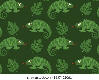 Seamless pattern with Chameleon and tropical leaves. Vector illustration of reptile on seamless green background, repeating pattern for textile, wallpaper, background, wrapping paper