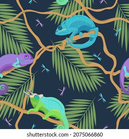 Seamless pattern of chameleons of different types and various varieties of coloring sitting on lianas, vector illustration with reptiles