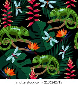 seamless pattern with chameleons and tropical plants