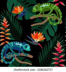 seamless pattern with chameleons and tropical plants