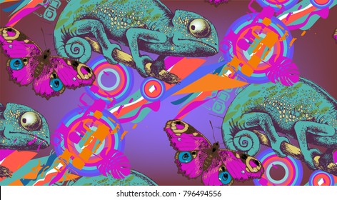 Seamless pattern of chamelion and butterfly
