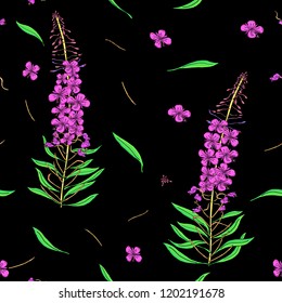 Seamless pattern in Chamerion angustifolium wild flowers. Delicate bouquets. Liberty style millefleurs. Floral background for textile, wallpaper, pattern fills, covers, surface, print, wrap
