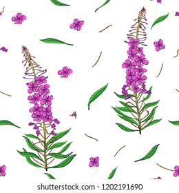 Seamless pattern in Chamerion angustifolium wild flowers. Delicate bouquets. Liberty style millefleurs. Floral background for textile, wallpaper, pattern fills, covers, surface, print, wrap
