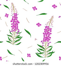 Seamless pattern in Chamerion angustifolium wild flowers. Delicate bouquets. Liberty style millefleurs. Floral background for textile, wallpaper, pattern fills, covers, surface, print, wrap