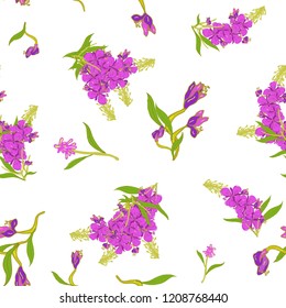 Seamless pattern in Chamerion angustifolium wild flowers. Delicate bouquets. Liberty style millefleurs. Floral background for textile, wallpaper, pattern fills, covers, surface, print, wrap