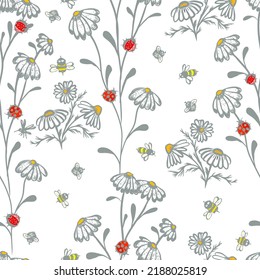 Seamless pattern of chamomile , bees and ladybugs . Vector illustration