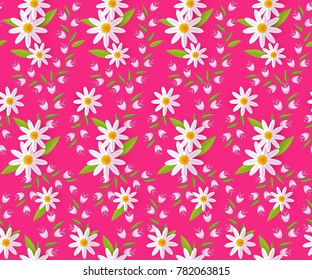 Seamless pattern with chamomile and bell flowers on pink background, vector illustration, textile, wrapping paper, backdrop design. Textile, wrap design with seamless pattern of spring meadow flowers