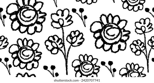 Patrón sin incandescencias con camomila, bayas, tallos florales. Antecedentes con plantas silvestres primitivas dibujando con brotes de grano. Elementos botánicos en blanco y negro. Ilustración de flores vectoriales. Plantas simples
