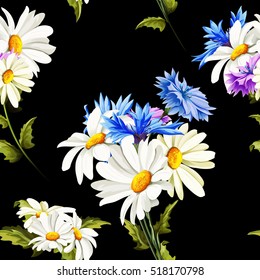 Seamless pattern of chamomile (camomile), cornflowers on black. Vector - stock.