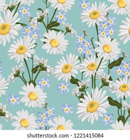 Seamless pattern with chamomile (camomile), leaves, and forget-me-not flowers on blue background. 