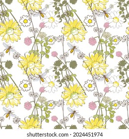 Seamless pattern. Chamomile and clover on a white background.
