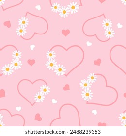 Seamless pattern with chamomile daisy flower and heart on pink background vector.