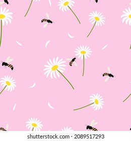 Seamless pattern of chamomile, daisy, with fly bee on a pink background.Wild wasps in a flower meadow.